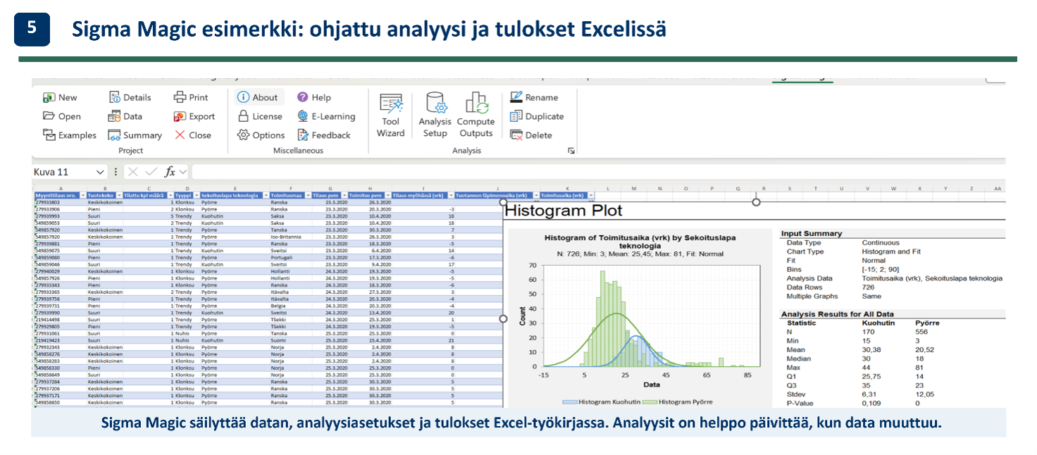 Sigma Magic yhdistää ohjatun analyysityön ja kehittäjän työkalupakin Excel-ympäristöön.